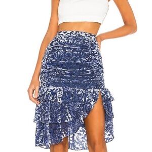 Majorelle Gabriela Burnout Velvet Scroll Ruched Tiered Midi Skirt Blue Silver M